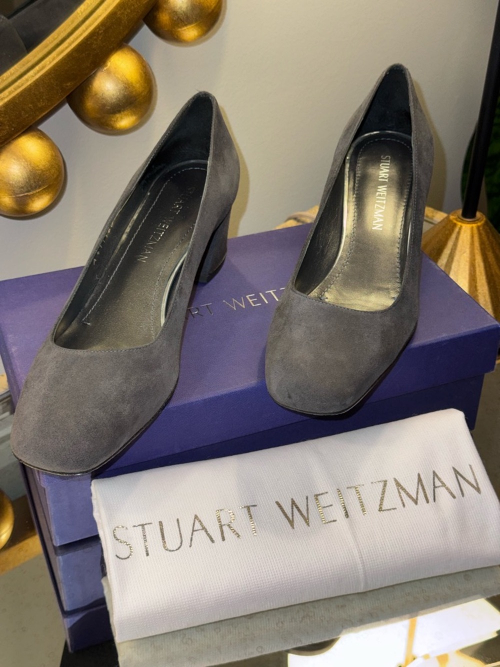 Stuart Weitzman MaryMid Slate Suede Block Heel Pumps - Size 9